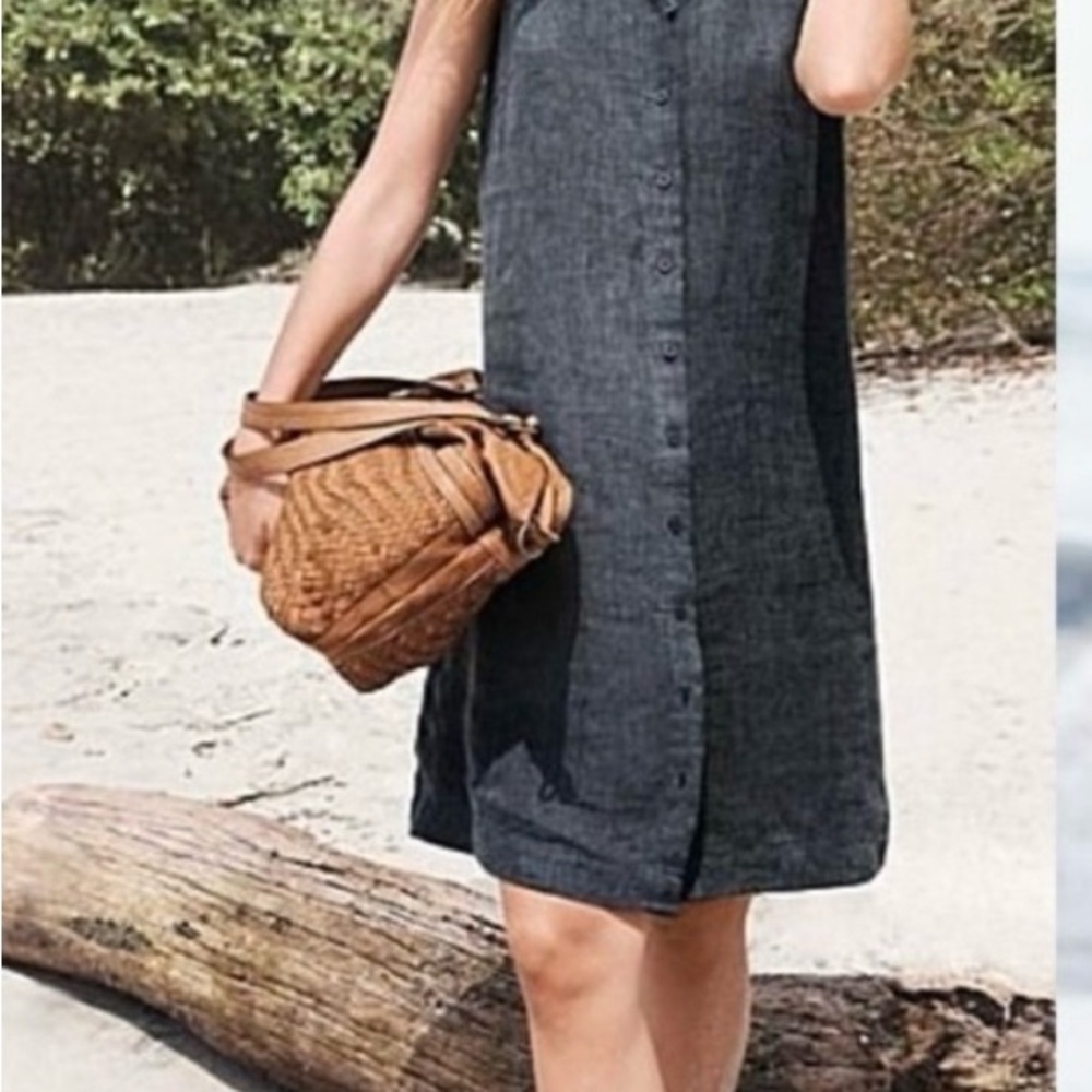 Garnet Hill Linen Sleeveless Shirt Dress Indigo